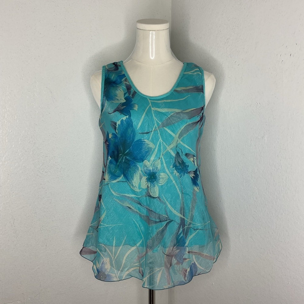 HIBISCUS COLLECTION HAWAII Blue Floral Babydoll Tank Top Y2K Resortwear Small
